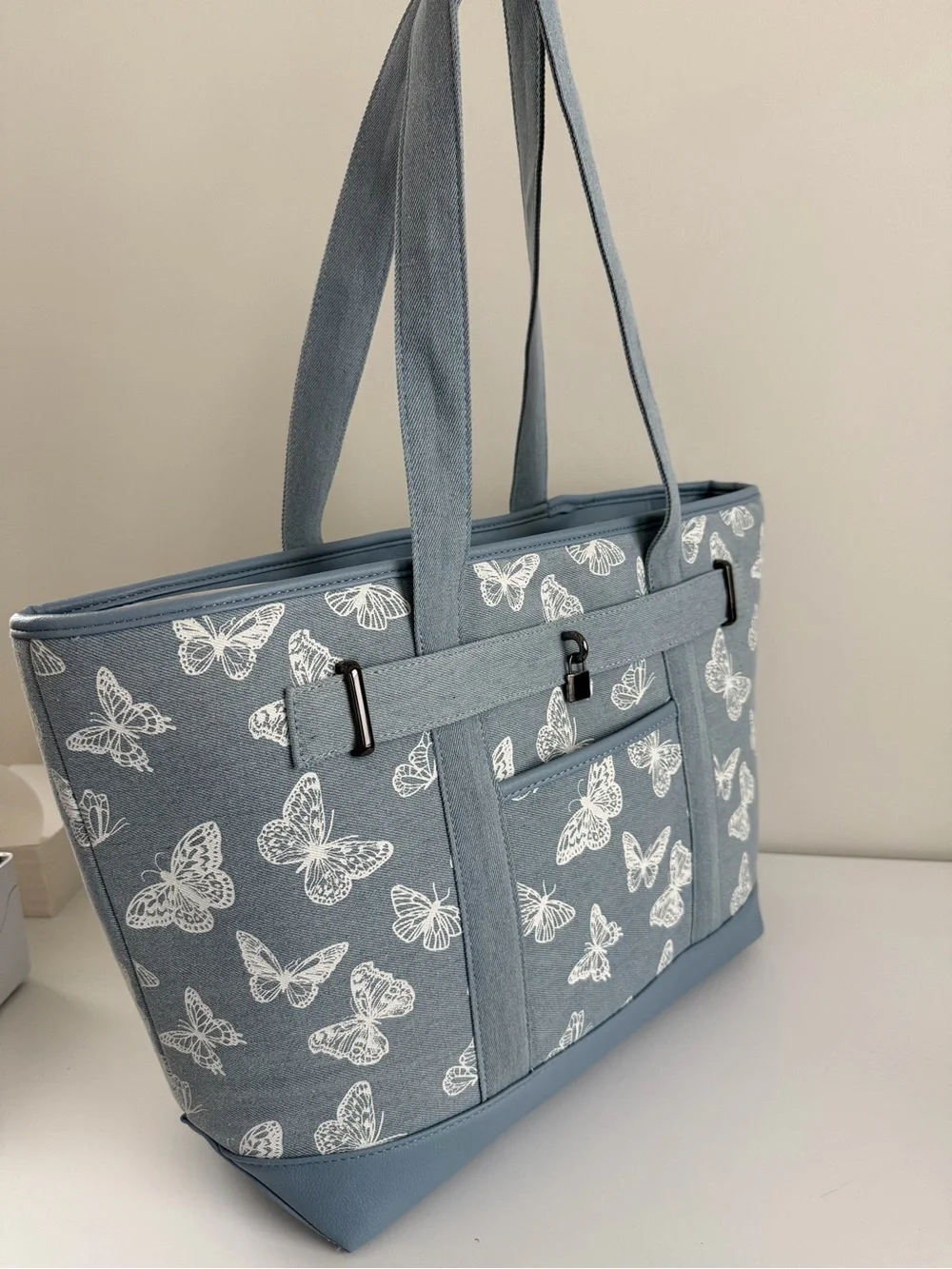 Blue Butterfly Print Tote Bag - Casual Everyday Carry
